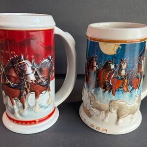 Budweiser Holiday Beer Steins 2004 & 2005 Clydesdale Mugs Vintage Christmas
